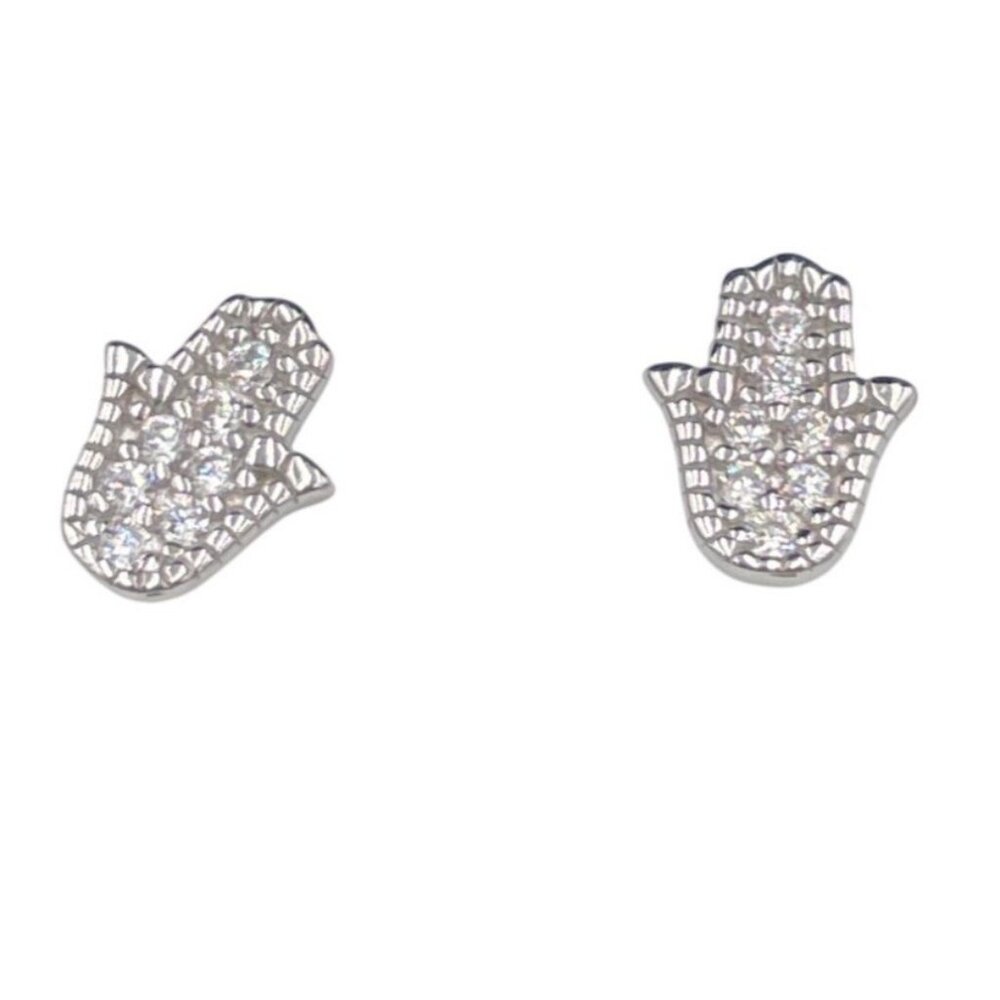 Hamsa Hand 925 Silver Crystal Stud Earrings.